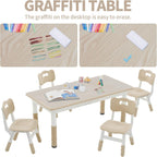 DOREROOM Adjustable Kids Table & 4 Chairs Set, 47.2" L x 23.6" W, Natural-W | Graffiti Desktop,Table Supports 300 lbs,Toddler Ages 2-8，FSC-certified, Children Activity Table for Daycare, Classroom, Home