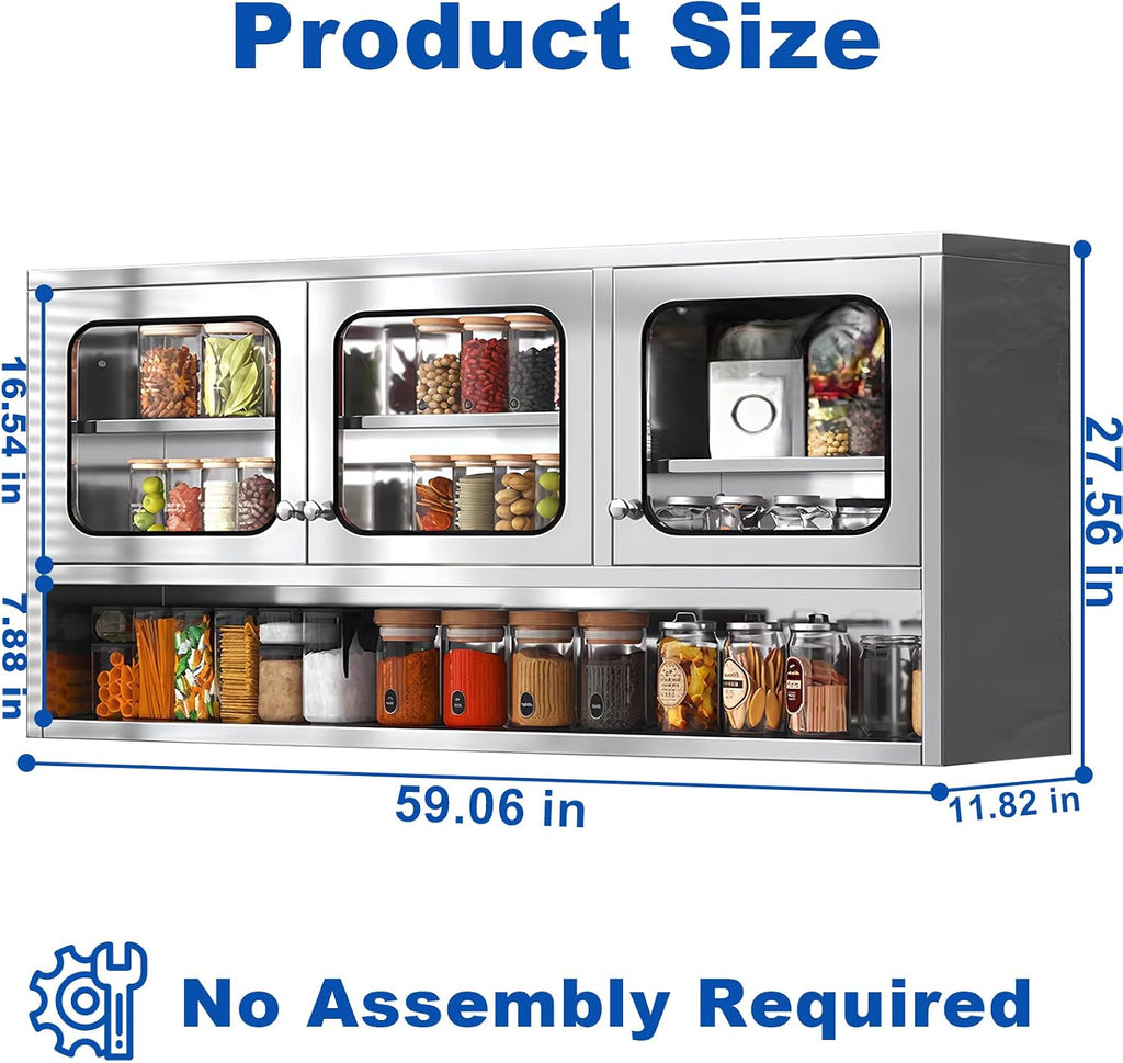 ZZV 59” Kitchen Wall Cabinet, Stainless Steel Wall Mounted Cabinet with Adjustable Shelves, Industrial Wall Storage Cabinet for Garage, Warehouse, No Assembly Required, 11.82D x 59.06W x 27.56H in