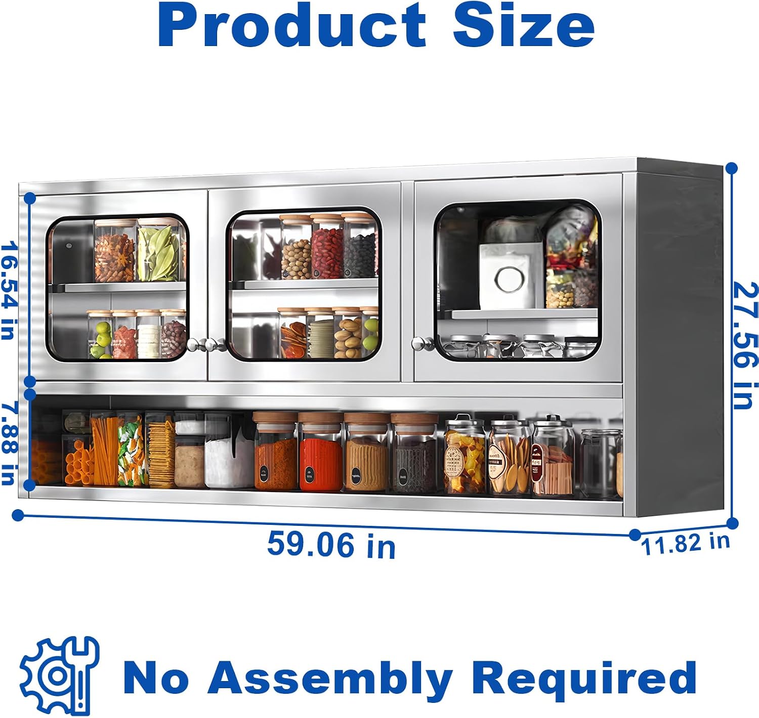ZZV 59” Kitchen Wall Cabinet, Stainless Steel Wall Mounted Cabinet with Adjustable Shelves, Industrial Wall Storage Cabinet for Garage, Warehouse, No Assembly Required, 11.82D x 59.06W x 27.56H in