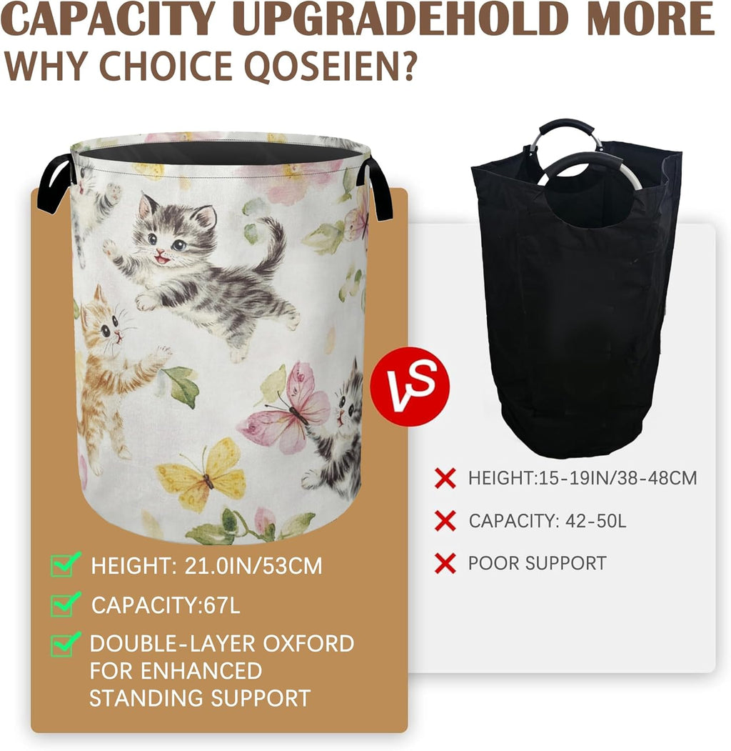Cute Cats Laundry Hamper,Collapsible Laundry Baskets,Butterfly Floral Dirty Clothes Baskets with Handles,Oxford Cloth Hamper for Bedroom,Bathroom,College Dorms, 16"x20"