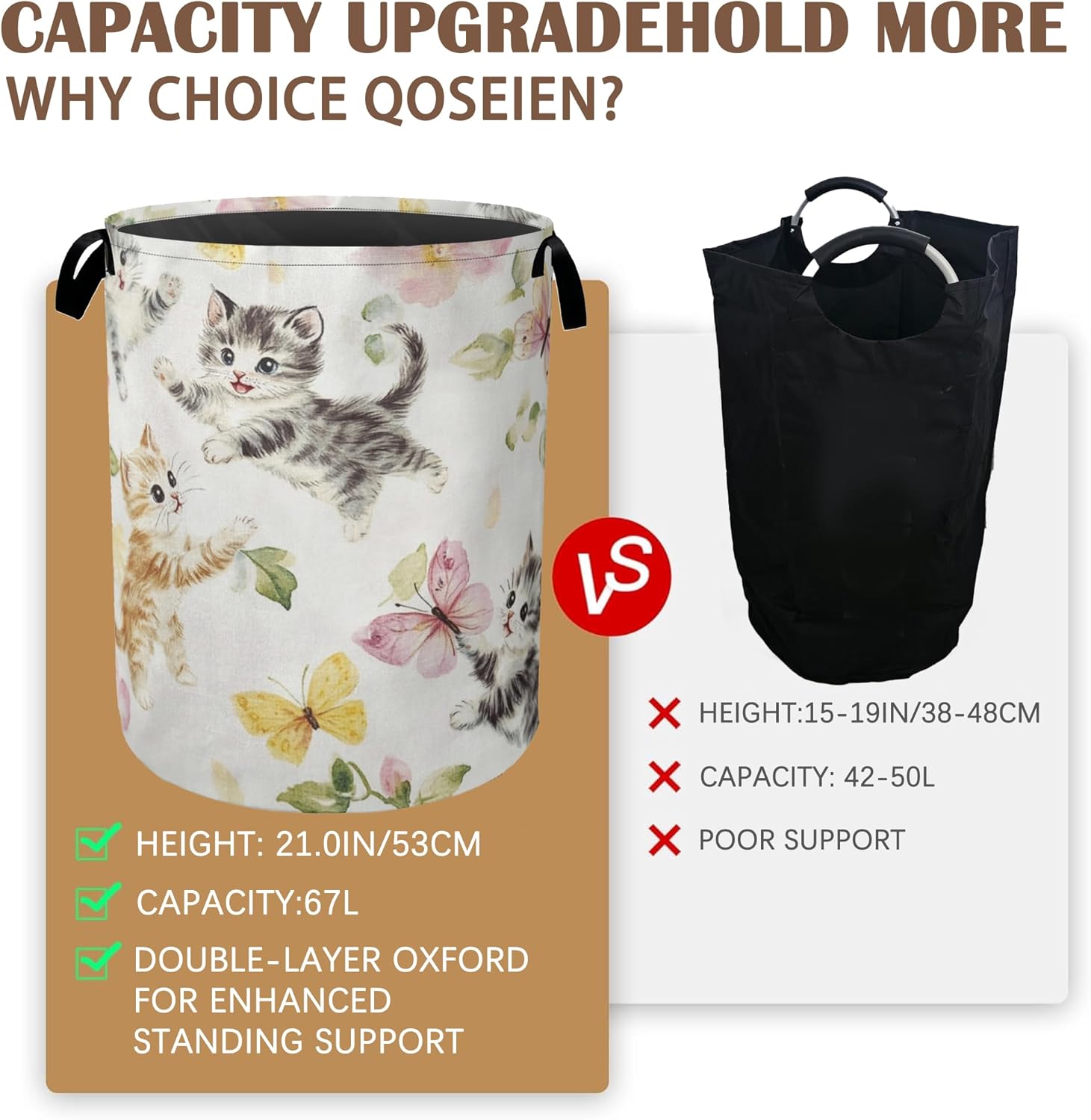Cute Cats Laundry Hamper,Collapsible Laundry Baskets,Butterfly Floral Dirty Clothes Baskets with Handles,Oxford Cloth Hamper for Bedroom,Bathroom,College Dorms, 16"x20"