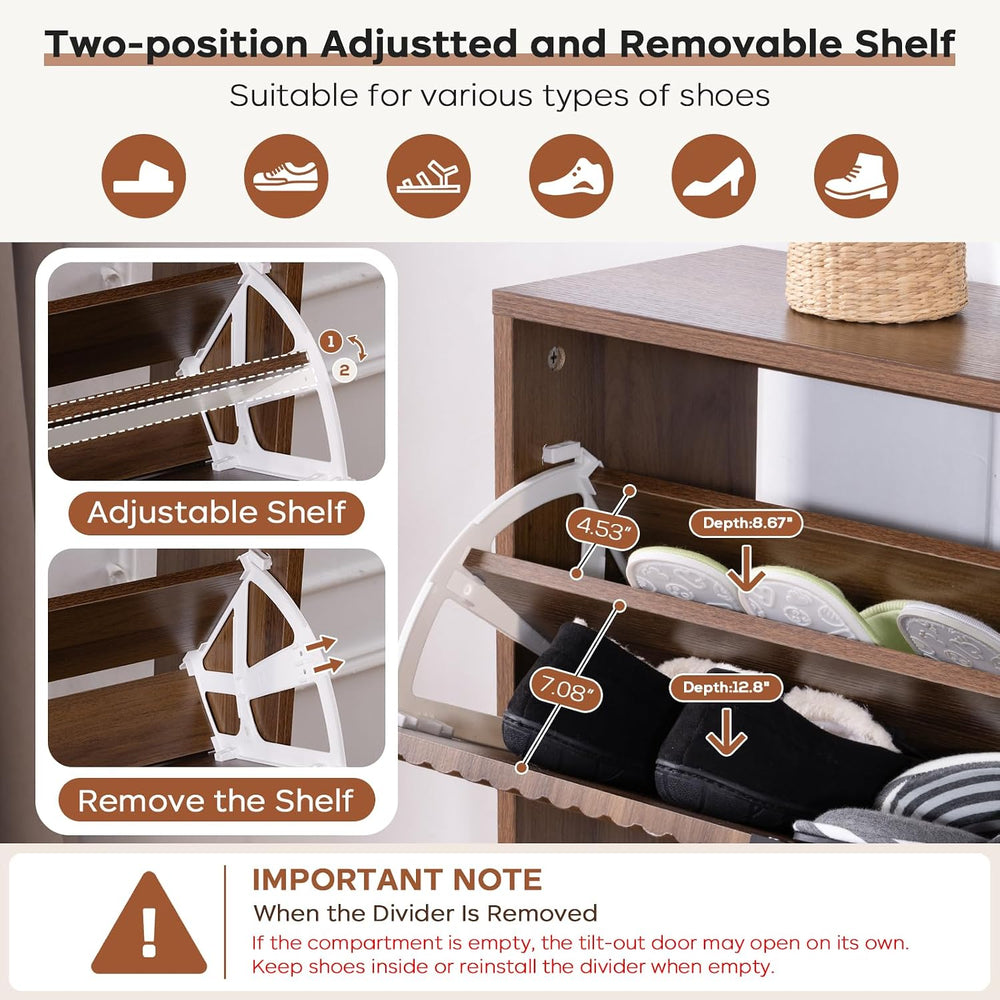 Shoe Cabinet Storage, Farmhouse Freestanding Organizer with 2 Flip Drawers