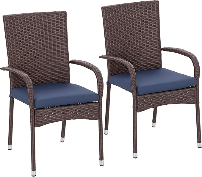 Outsunny Stackable PE Rattan Outdoor Dining Chairs with Cushions, Set of 2 Patio Wicker Dining Chairs with Armrests and Backrest for Patio, Deck, Blue