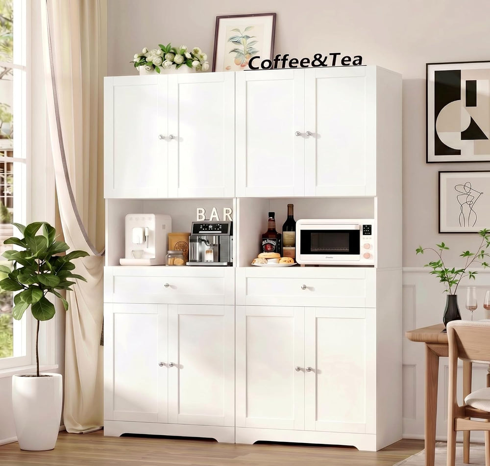 Set of 2 Tall Kitchen Pantry Storage Cabinet with Doors and Shelves, White | ...