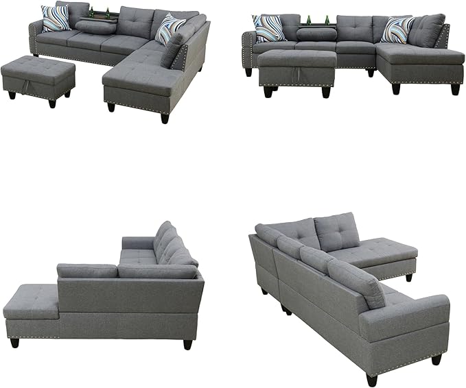 Sectional Couches for Living Room with Movable Chaise & Storage Ottoman - 97.5" Linen L Shaped Couches for Living Room Apartment, Home Modular Sectional Sofas with Cup Holder, Grey