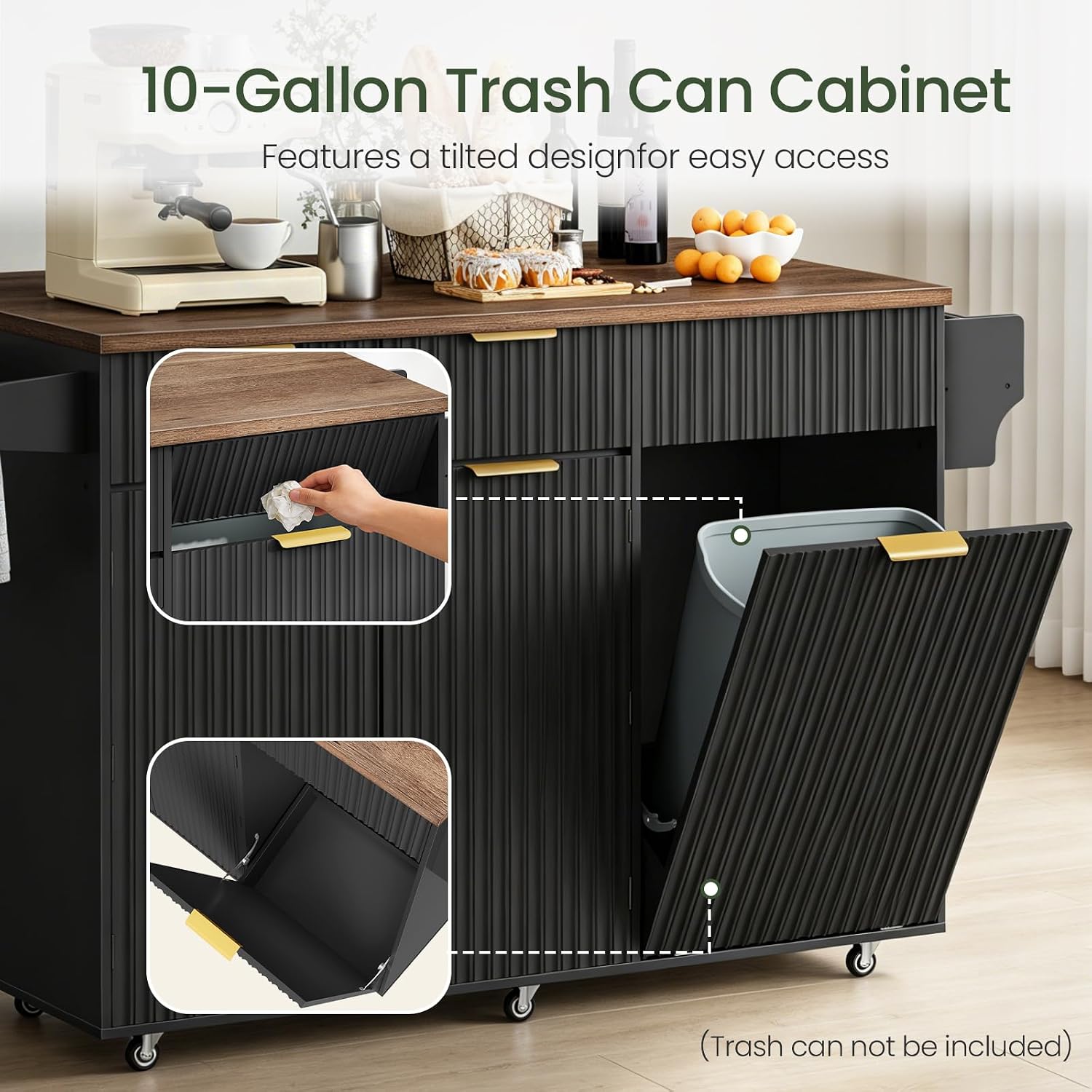 CHOEZON Mobile Kitchen Island with Folding Drop Leaf Countertop, Rolling Kitchen Island Cart with Trash Can Storage, Drawers, Adjustable Shelf, Spice Rack, Towel Bar, for Kitchen, Black and Walnut