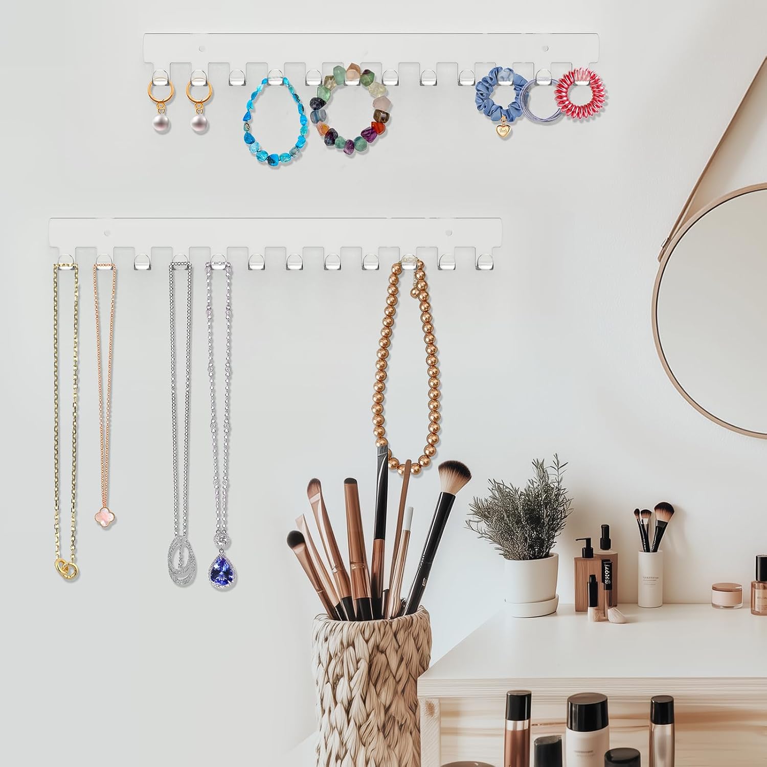 13.8 inch Acrylic Necklace Holder 2 Pack Wall Mounted Necklace Organizer Hanging Jewelry Organizer with 12 Hooks for Necklaces, Bracelets, Rings and Bangles Display