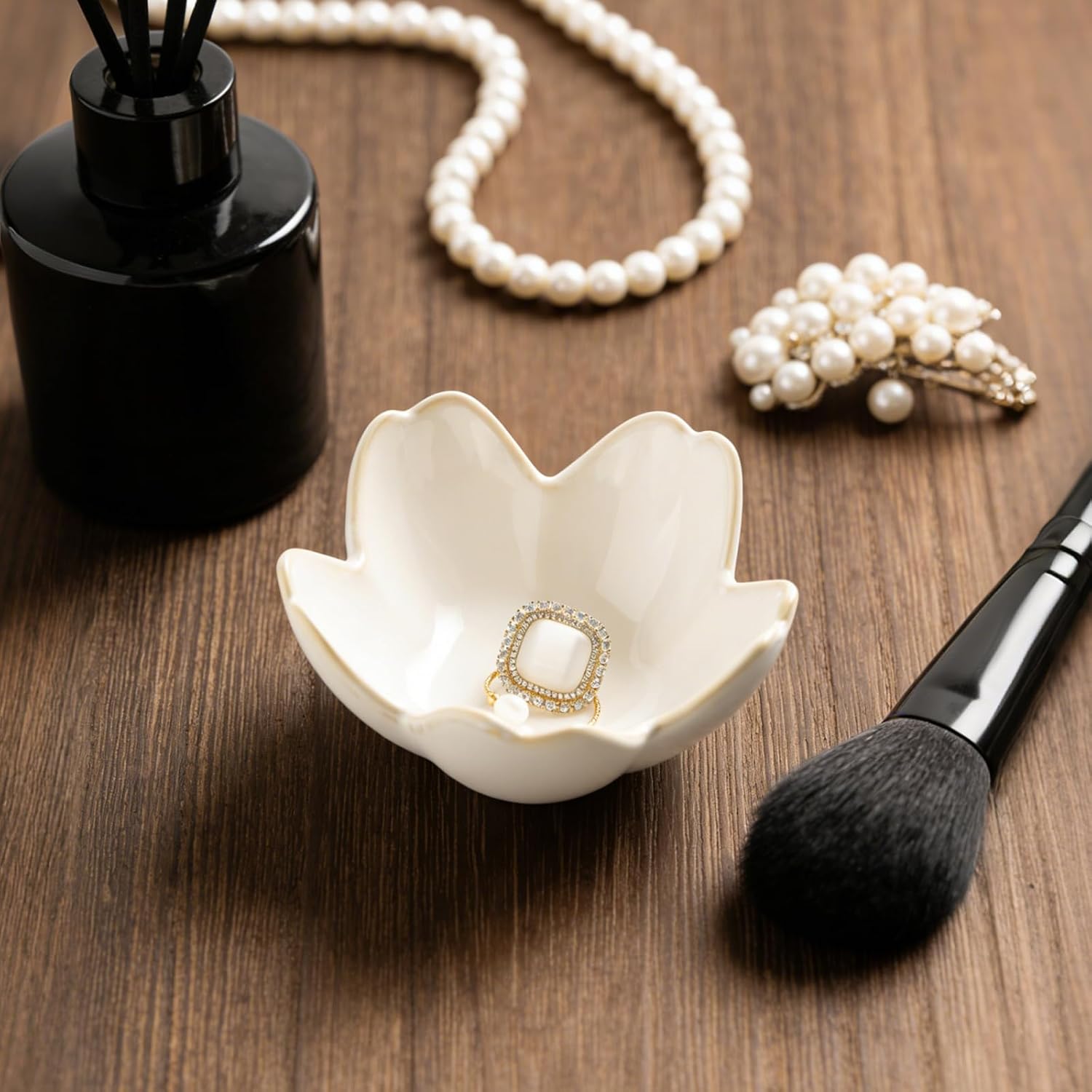 Mecaikru Ceramic Jewelry Tray, 3.5 in Flower Ring Dish with Gift Box & Card | Petal-shaped bowl keeps rings, earrings and small necklaces visible while helping prevent slipping.
