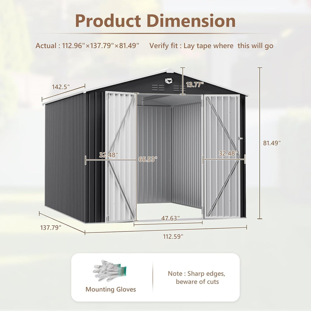 10X12 FT Outdoor Storage Shed, Metal Garden Shed - Tool Storage Sheds with Lockable Doors, Waterproof Outside Storage Building for Backyard, Patio (Black; Floor Not Included)