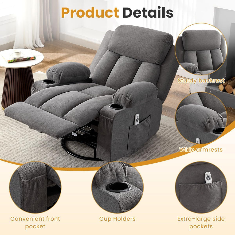 Swivel Rocker Recliner Chair with Vibration Massage & Lumbar Heating, Erg...