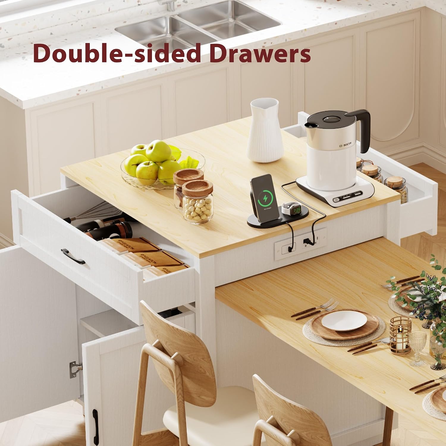 82.7” Kitchen Island with Extendable Dining Table for 4-6 Person, Two-Tone Dining Table with Double-Sized Storage, Power Outlet, Kitchen Island with 2 Side Open Shelves Storage, White