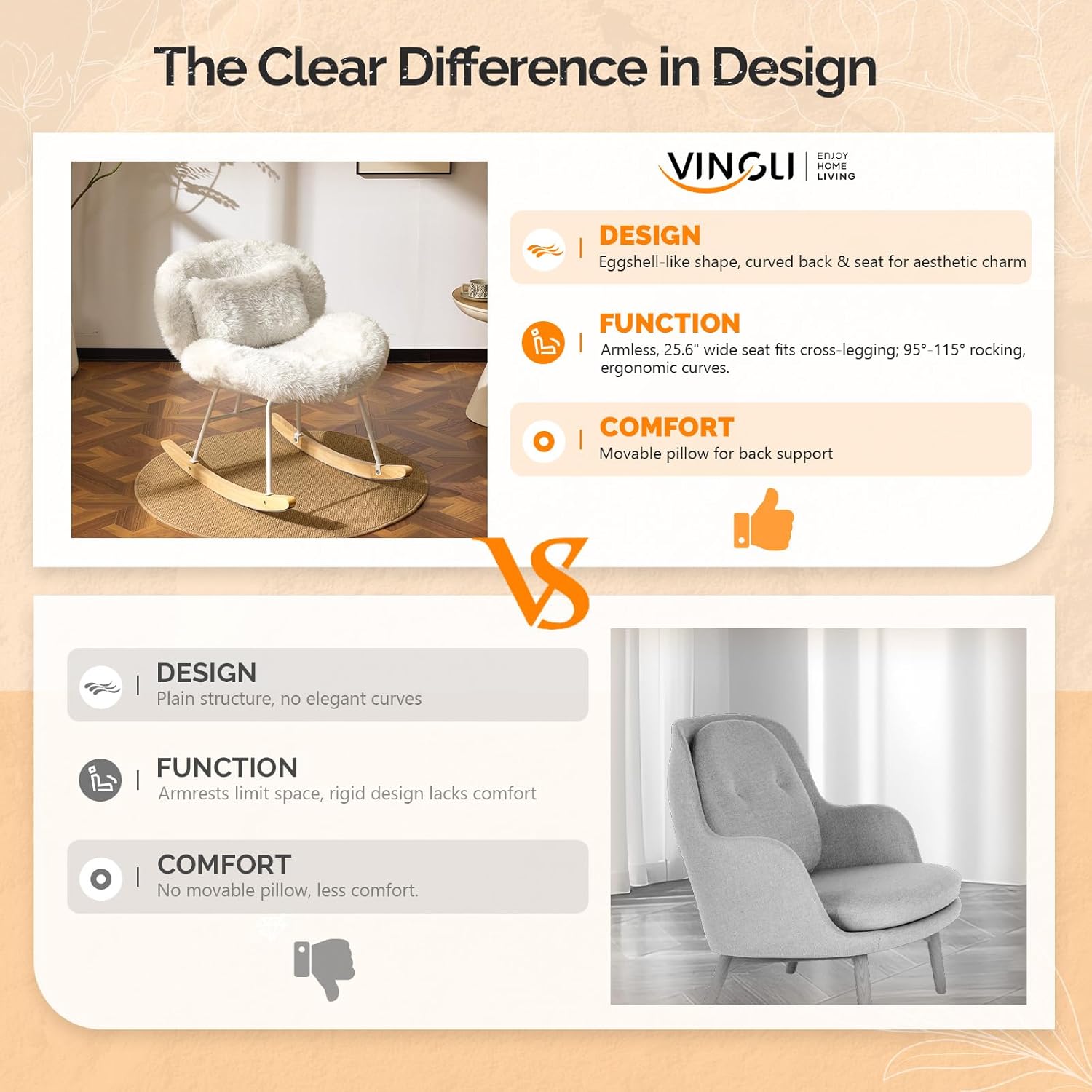VINGLI 25.6" Extra Wide Criss Cross Nursery Rocking Chair,Cute Curved 115° Reclining Armless Glider,Plush Small Rocker w/Pillow & Solid Wood for Indoor,Bedroom, Living Room,Fluffy Fleece,White