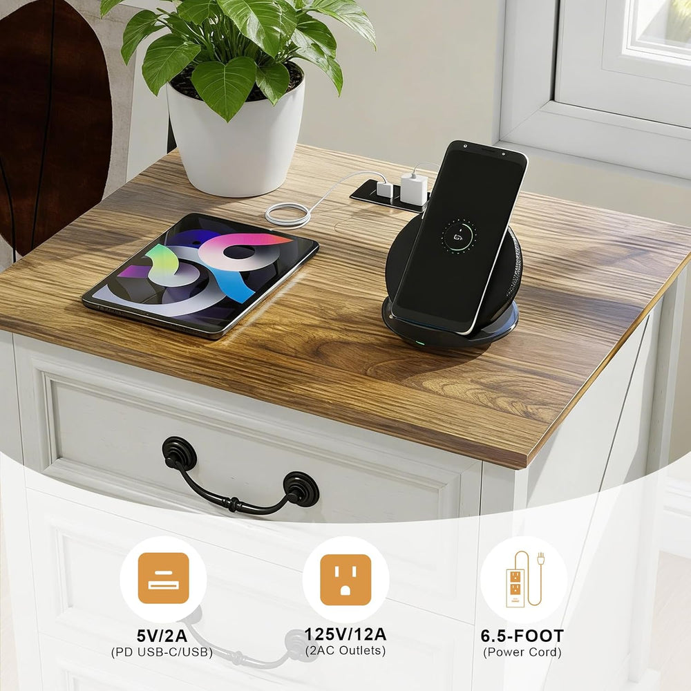 MUUEGM Night Stand with Charging Station Set of 2 Rustic White Bedside End Ta...