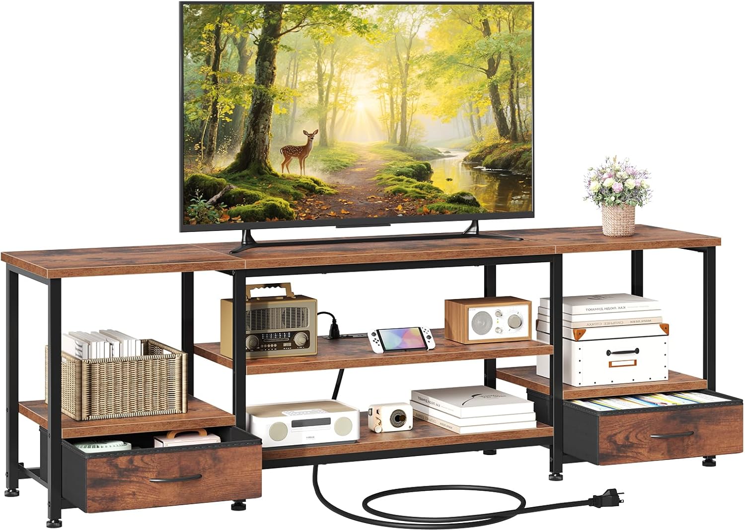 TV Stand for Living Room, Entertainment Center for TVs Up to 75 Inch, Industrial Media Console Table with Charging Station and Storage Drawers for Bedroom, Open Shelves, Rustic Brown