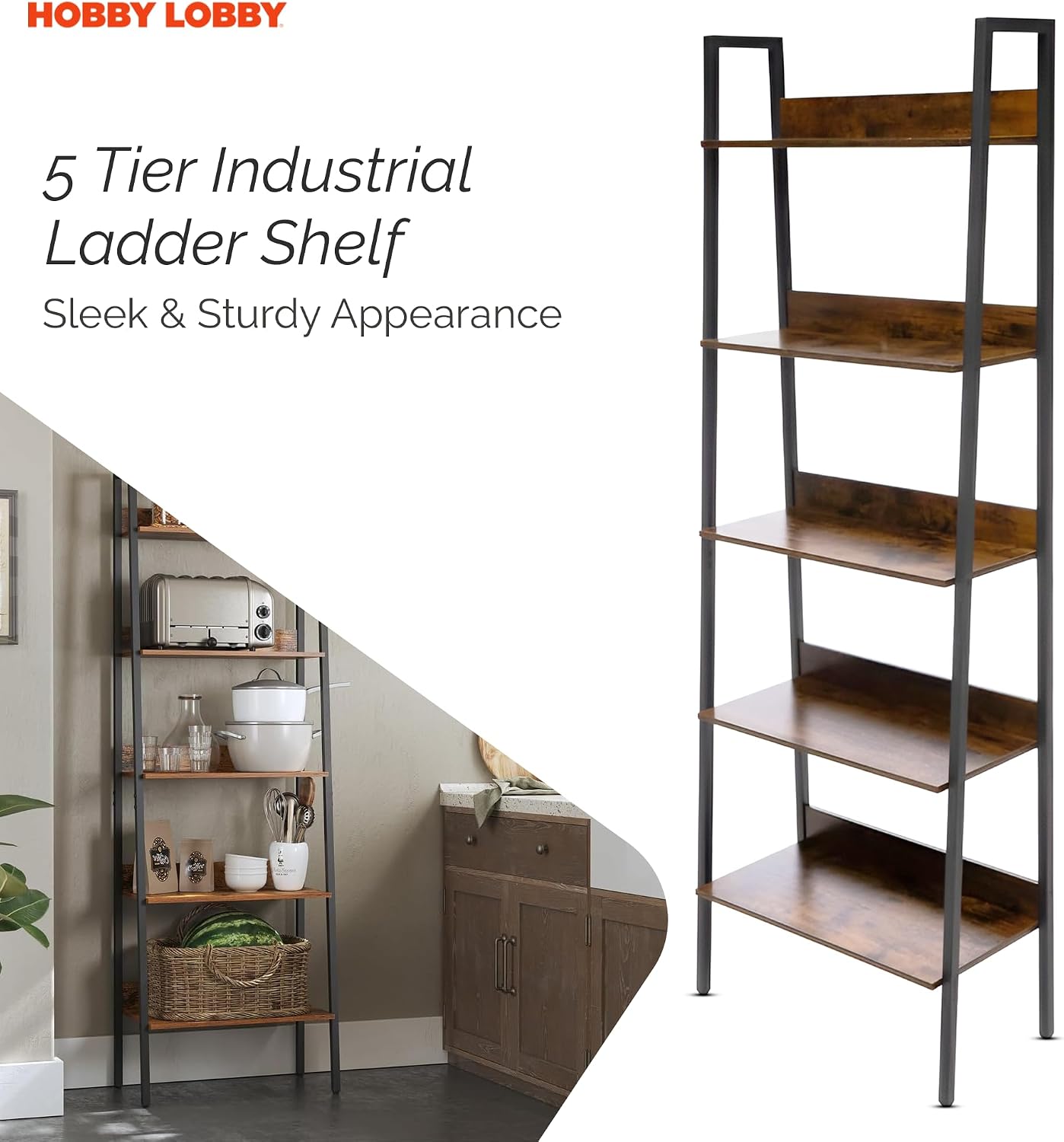 Hobby Lobby 5 Tier Industrial Ladder Shelf, 23.6 x 11.8 x 66.9 inches | Wood Ladder Shelf, Storage Ladder Shelves for Living Room, Bedroom