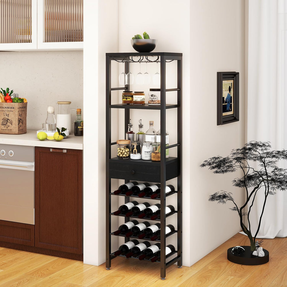 IBUYKE Wine Rack Freestanding Floor with Glass Holder,Black TMJ905B | Bar Cab...