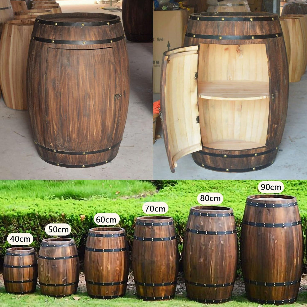 Rustic Wooden Wine Barrel Table - 2-Tier Display Cabinet with Door, Stylish A...