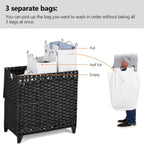 Laundry Hamper with 3 Removable Liner Bags; 132L Handwoven Rattan Laundry Basket with Lid & Heightened Feet; Clothes Hamper with Side Handles; Laundry Sorter with 3 Separate Sections (Black)