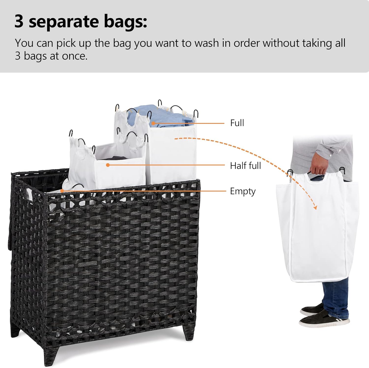 Laundry Hamper with 3 Removable Liner Bags; 132L Handwoven Rattan Laundry Basket with Lid & Heightened Feet; Clothes Hamper with Side Handles; Laundry Sorter with 3 Separate Sections (Black)