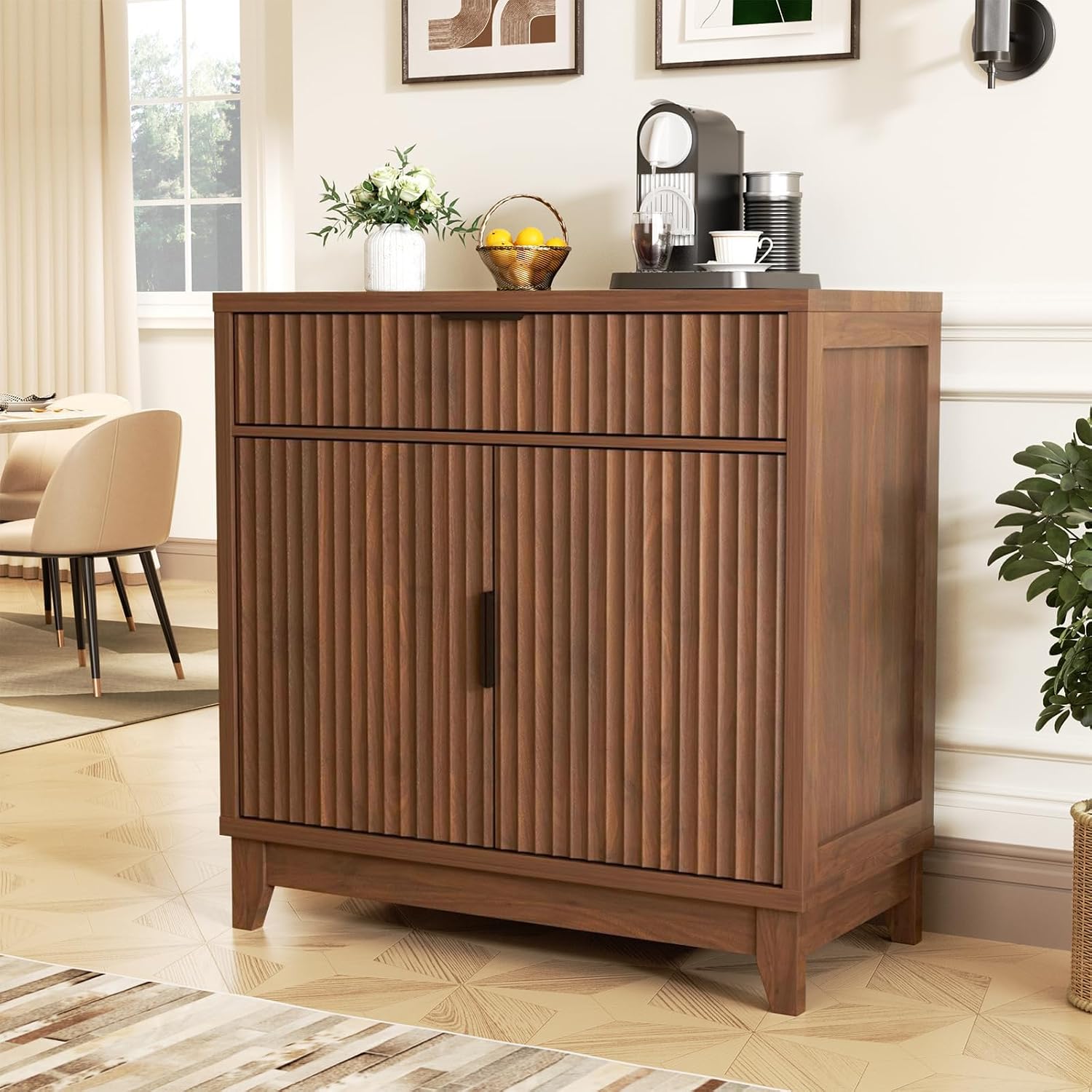 Vabches 32" Fluted Sideboard Buffet Cabinet with Storage, Walnut | Modern Coffee Bar Console Table with Drawer, Fluted Doors & Adjustable Shelf, for Entryway, Living Room, Kitchen, Dining Room