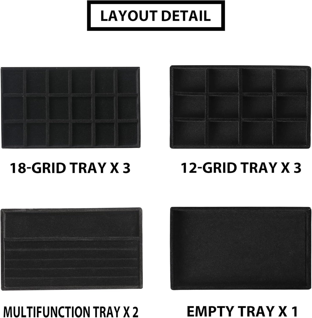 Frebeauty Jewelry Organizer Tray,Stackable Velvet Jewelry Trays,Drawer Inserts Earring Organizer For Women Jewelry Storage Display Case for Rings Stud Necklaces,Set of 9(Black)