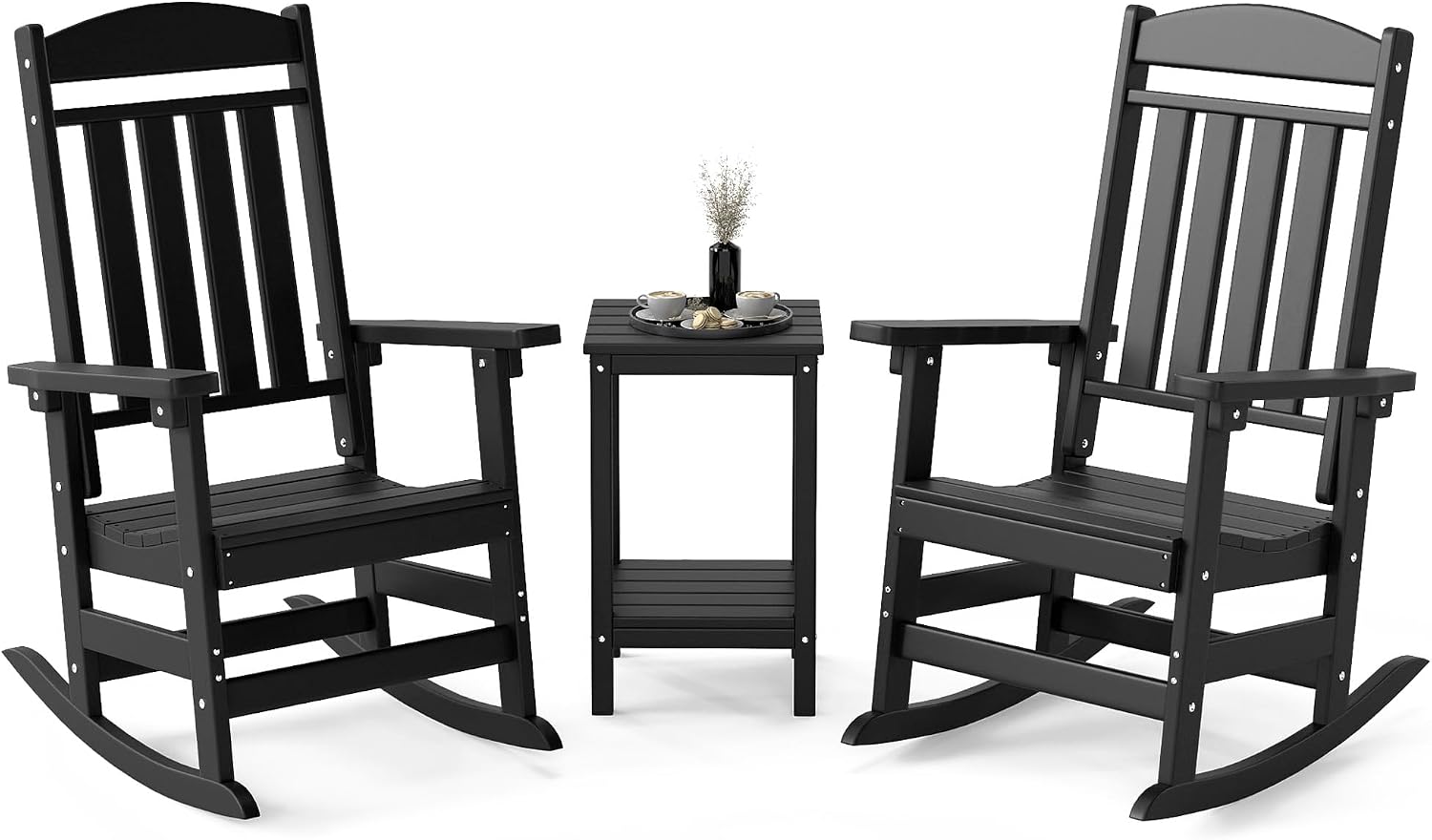 Outdoor Rocking Chair Set of 3, Oversized Rocking Chair Outdoor | HDPE All Weather Resistant High Back Patio Rocker for Porch, Patio, Garden,350 lbs Capacity, Black