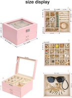 BOOVO Clear Lid Jewelry Box,3 Layers Jewelry Organizer Large Multi-Functional Jewelry Storage Box with 2 Drawers,Jewelry Display Case of Rings Earrings Necklace Bracelets for Women Girls (Pink)