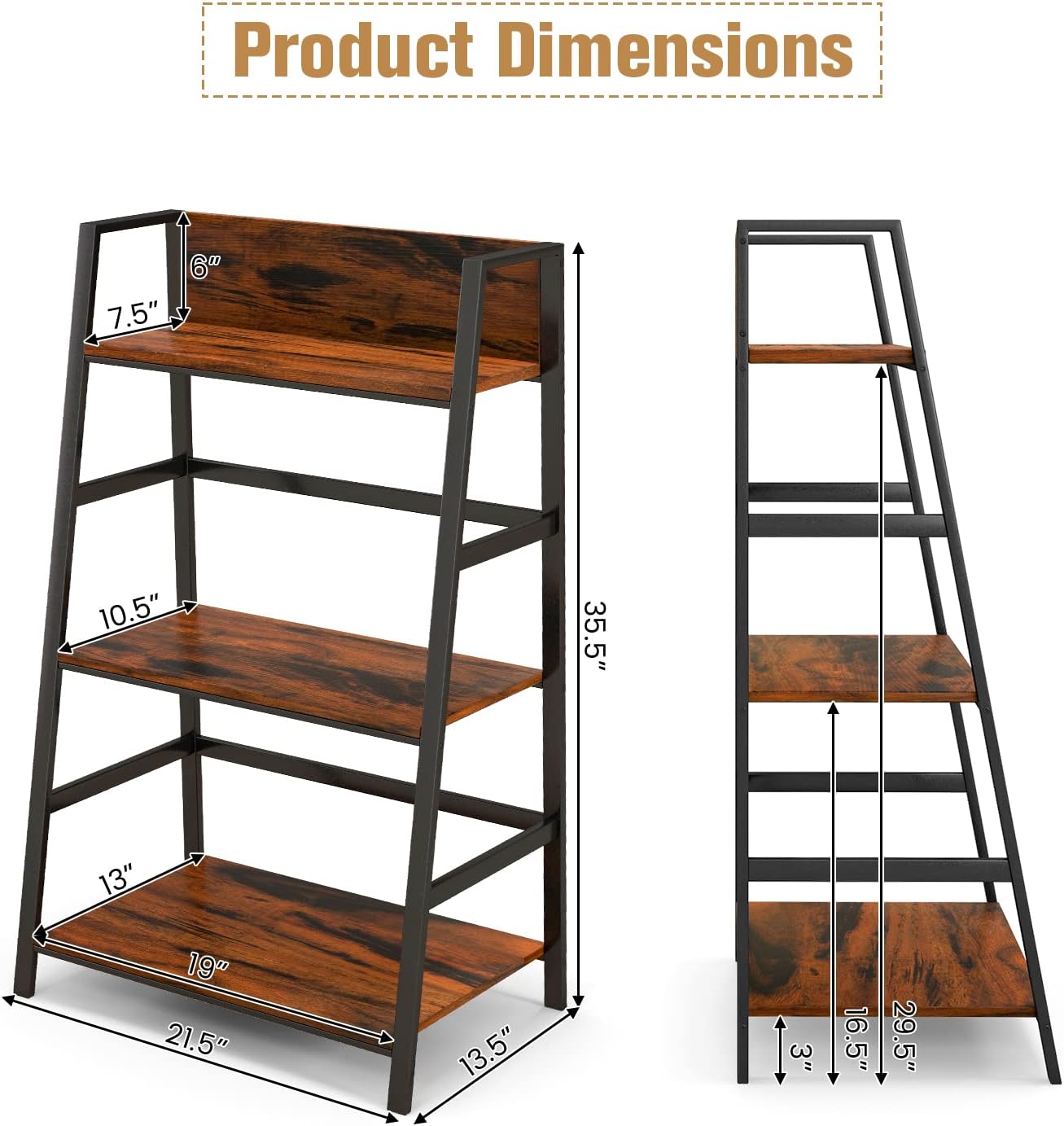 Tangkula 3-Tier Ladder Bookshelf, Industrial Wooden Bookcase w/Metal Frame, Anti-Toppling Device, Freestanding Display Shelf Plant Stand, Storage Rack for Home Office Living Room (1, 3-Tier)