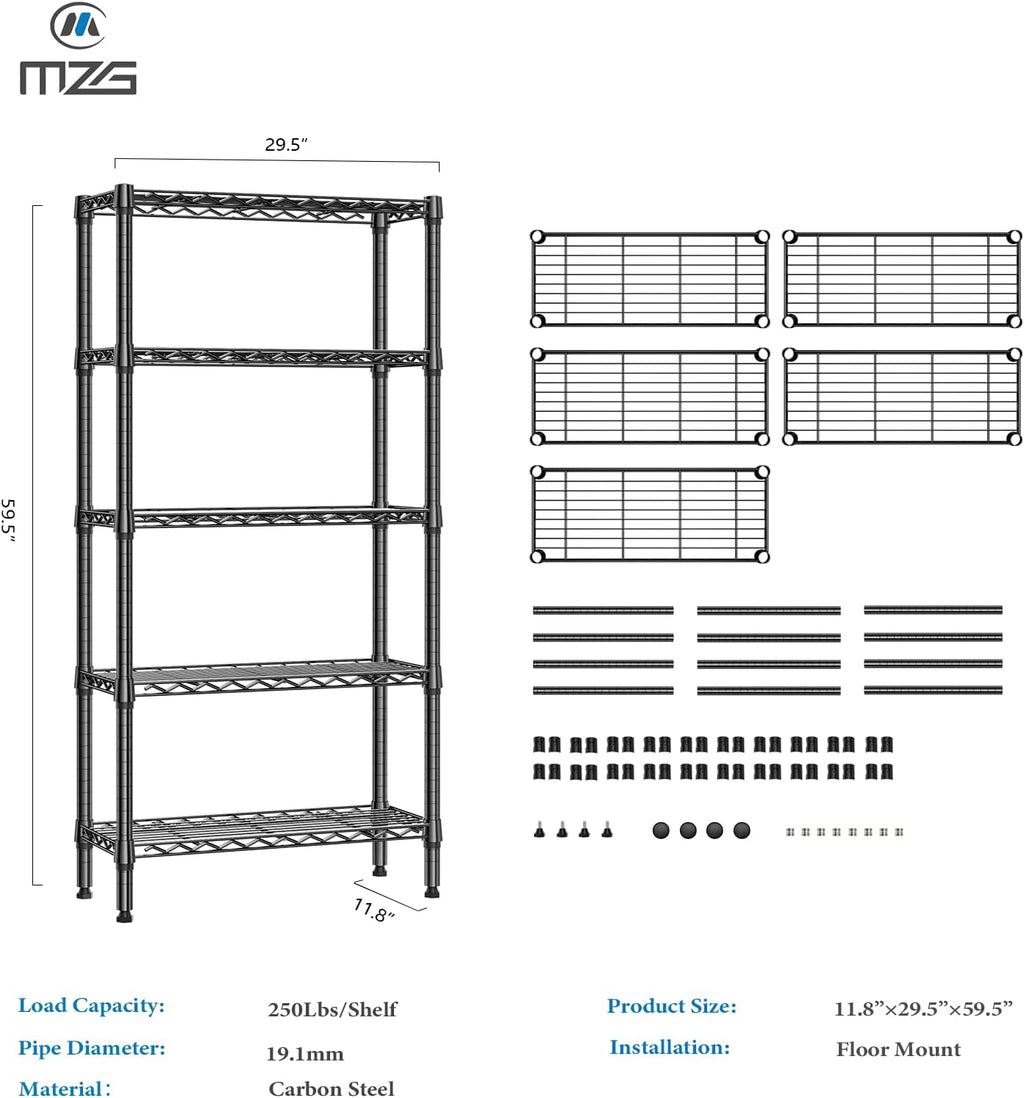 1250 lbs 5 Tier Shelf Metal Storage Shelves Wire Rack Closet Organizers for Garage Kitchen Bathroom Laundry Black 11.8" D x 29.5" W x 59.5" H