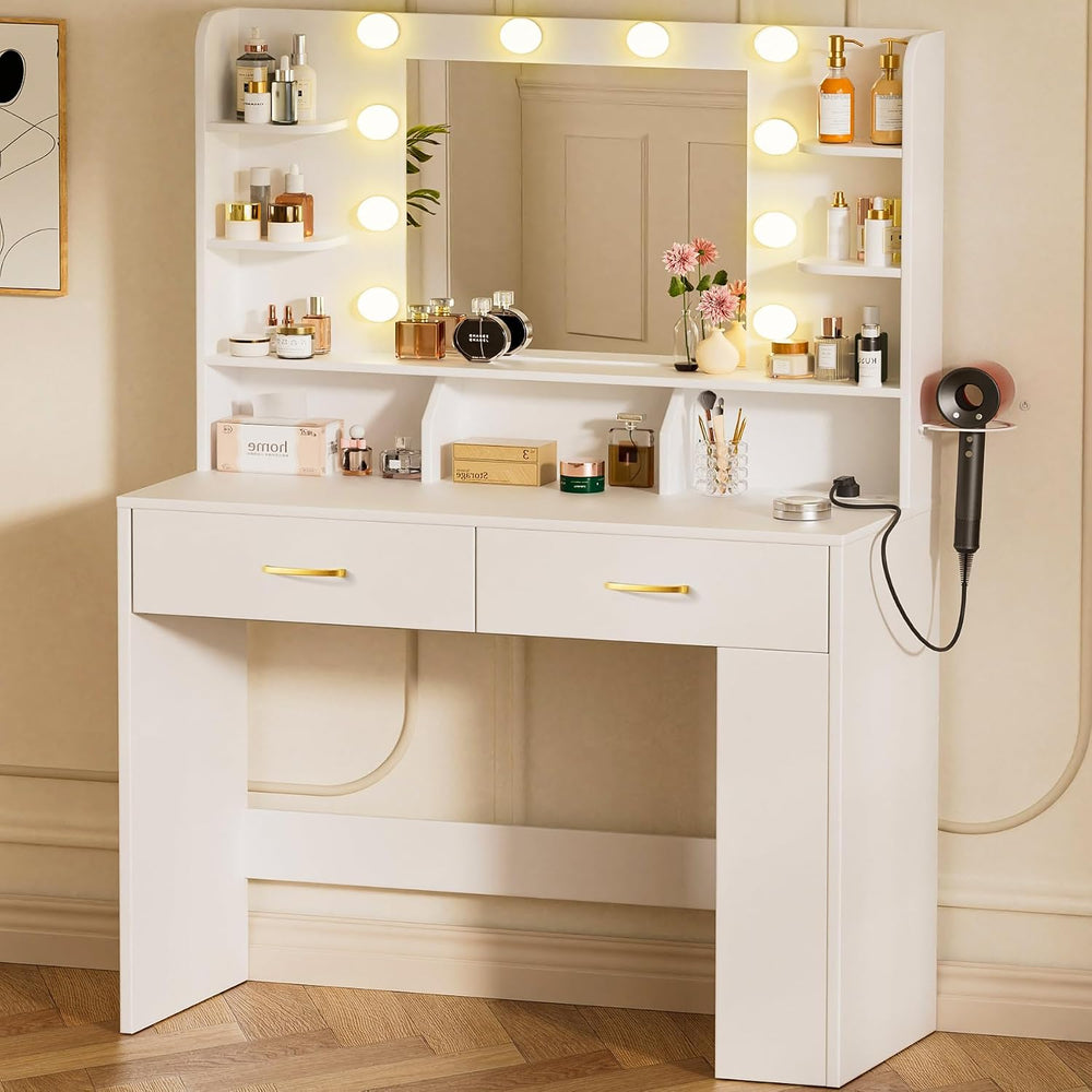 COMHOMA Vanity Desk with Mirror and Light, Small Makeup Vanity with Storage D...