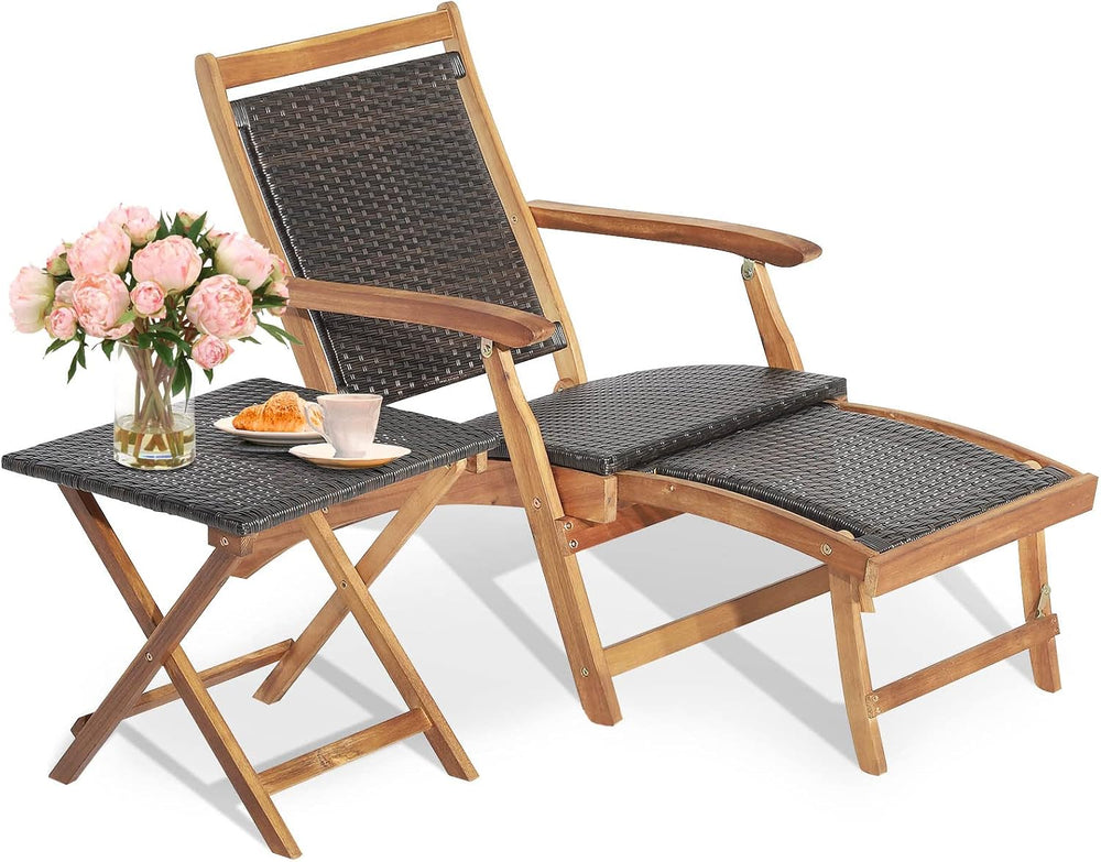 Tangkula Patio Lounge Chair and Side Table Set, Acacia Wood Wicker Folding Ta...