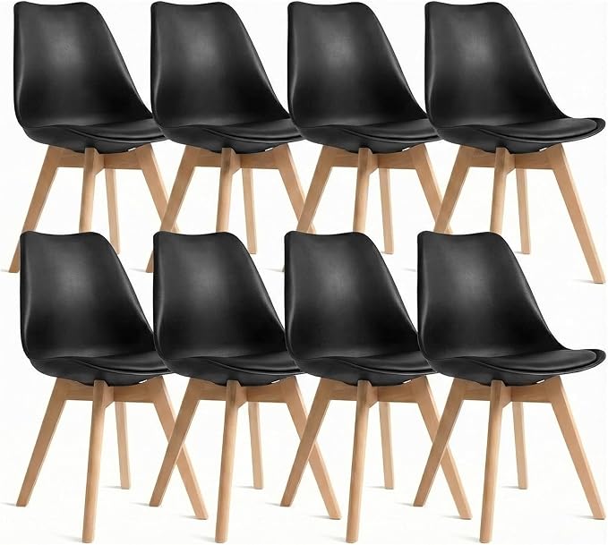Dining Chairs Set of 8, Modern Upholstered Dining Room Chairs with PU Leather Padded Seat, Armless Kitchen Chairs with Curved Backrest and Solid Wood Legs for Dining Room, Kitchen, Apartment, Black