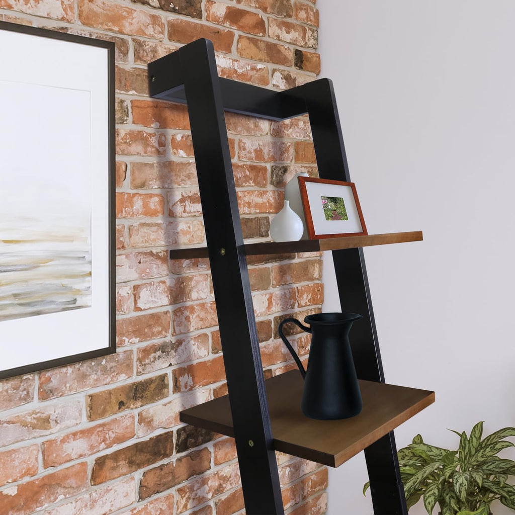 Kavari 5-Tier Leaning Ladder Bookcase with Solid American Gum Shelves - Black/Walnut