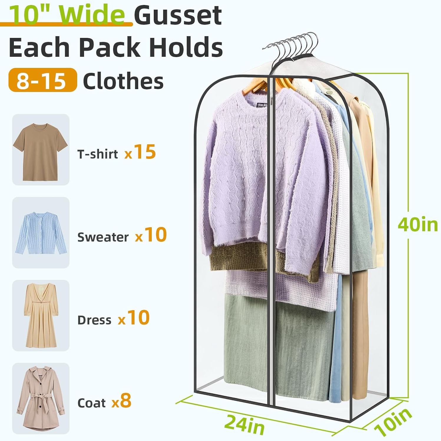 LANDNEOO 6 Pack Clear Garment Bags for Hanging Clothes with Zippers on Double Sides - 10'' Clothes Storage for Coat, Dress, and Fur in Closet - 40'' Long Suit Bags