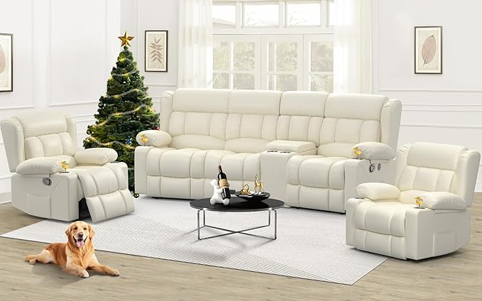 Recliner Sofa Set with Storage Console, Flip Middle Backrest Design 3 Seater Reclining Sofa and 2PC Single Recliner Chair, Manual Couches for Living Room (Ivory, 3 Seat+Console+1+1)