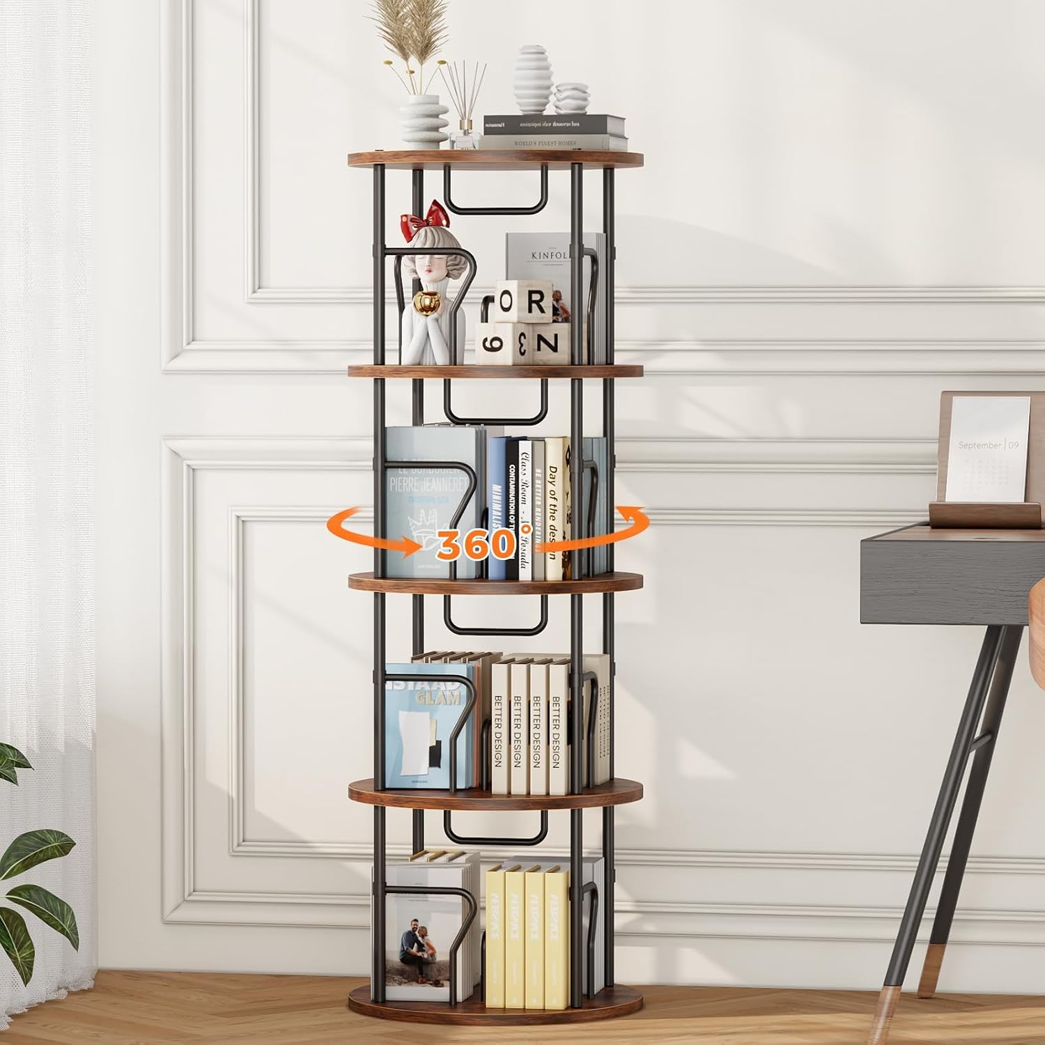4 Tier Rotating Bookshelf Tower, 360° Display Round Bookcase, Floor Standing Corner Revolving Bookshelf Organizer Storage Rack for Small Spaces, Home Study Office, Black&Brown