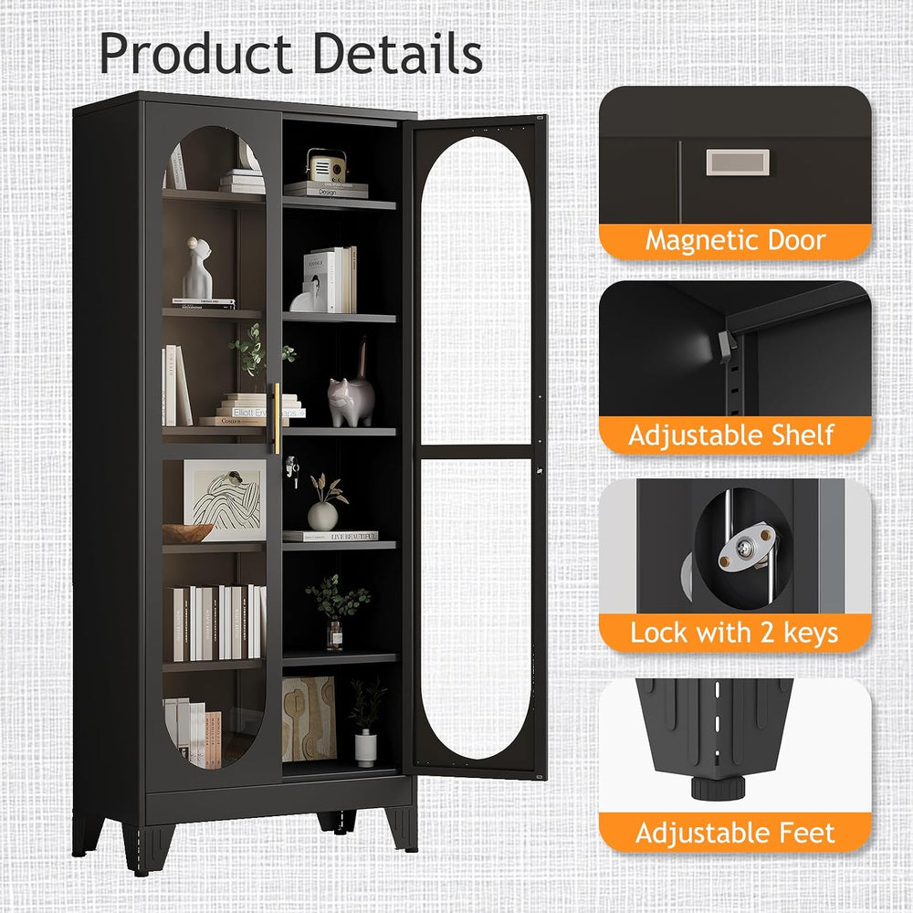 PAOFIN 75" H Locking Display Cabinet with Glass Door, Metal Curio Cabine...