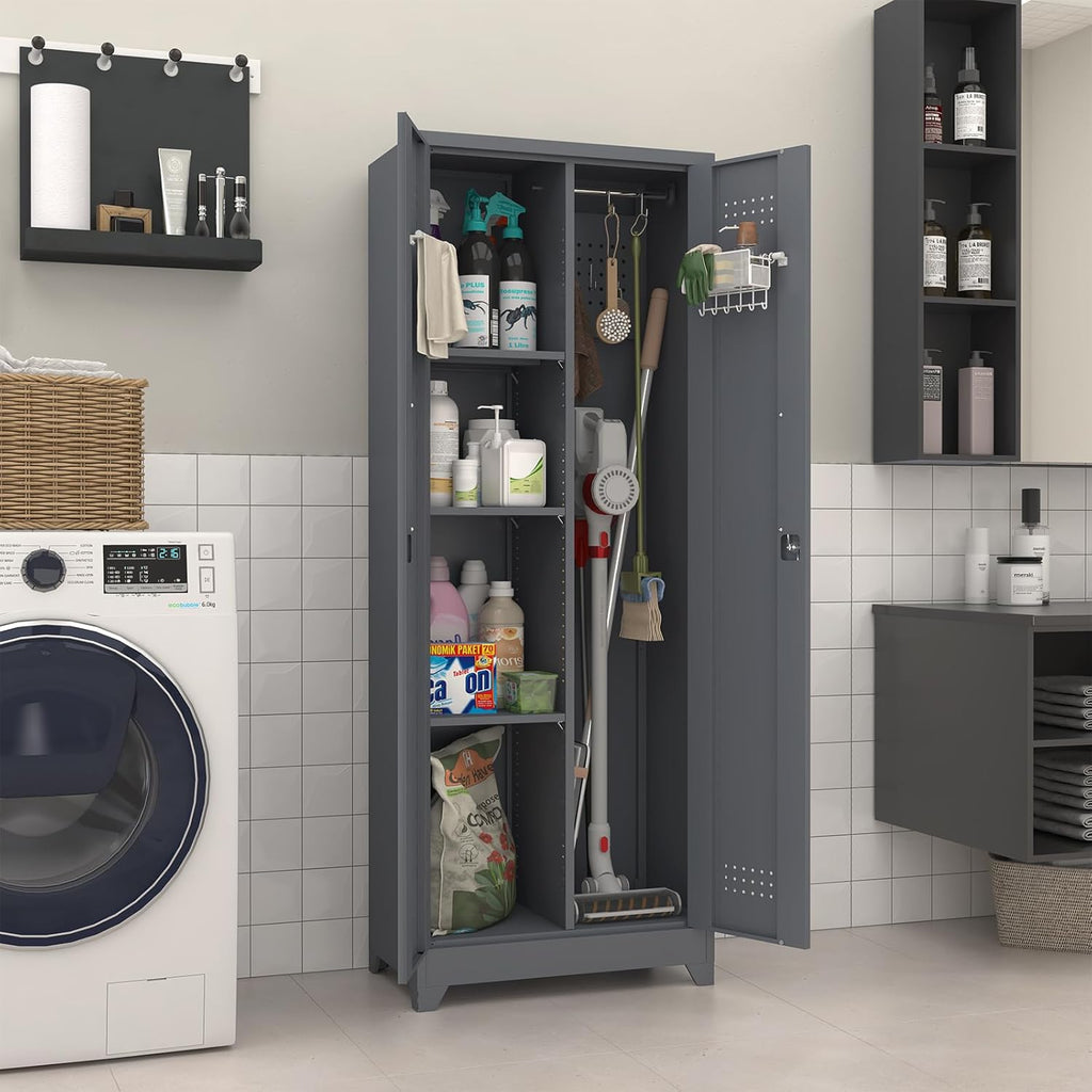 Broom Closet Storage Cabinet, Steel Locking Cabinet with Hanging Rod, 65" Cleaning Storage with Doors and Hooks, Tall Broom Tool Cabinets for Office, Garage