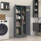 Broom Closet Storage Cabinet, Steel Locking Cabinet with Hanging Rod, 65" Cleaning Storage with Doors and Hooks, Tall Broom Tool Cabinets for Office, Garage