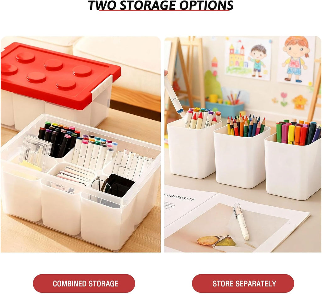 loobuu Plastic Storage Bins with Lids, Art Craft Supply Organizer Box with Brush Pot, Multipurpose Stackable Storage Containers for Organizing Tool, Craft, Crayon,Sewing (Red)