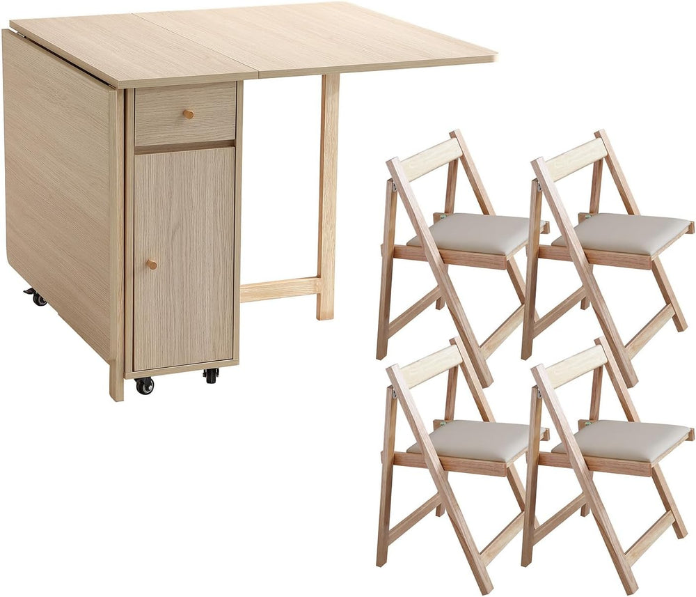 COMUHOME Wood Drop Leaf Folding Dining Table with 2 Drawers and 4 Wheels, Woo...
