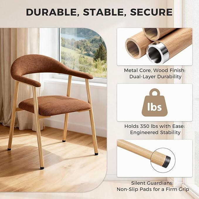 DUMOS Dining Chairs Set of 2, Linen Fabric Upholstered Kitchen Side Chairs with Curved Backrest & Metal Legs, Modern Farmhouse Accent Chairs for Dining Room Kitchen Living Room Cafe, Orange