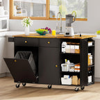 50.4" Kitchen Island with Storage,Rolling Kitchen Table with Power Outlet, Kitchen Island Cart with Folding Drop Leaf, Trash Storage Cabinet, Spice Rack, Towel Rack and Drawer-Black
