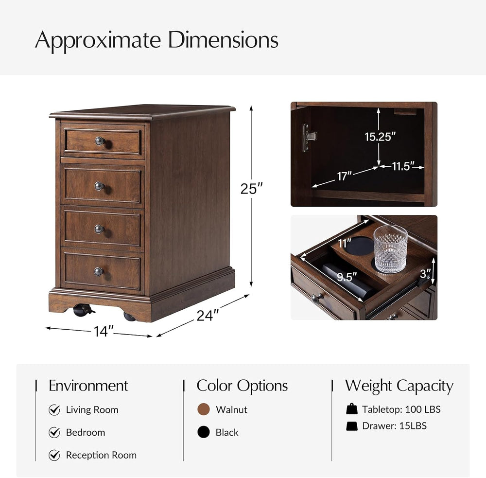 HULALA HOME Narrow End Table with Tray for Cups, Movable with Casters, Wood T...