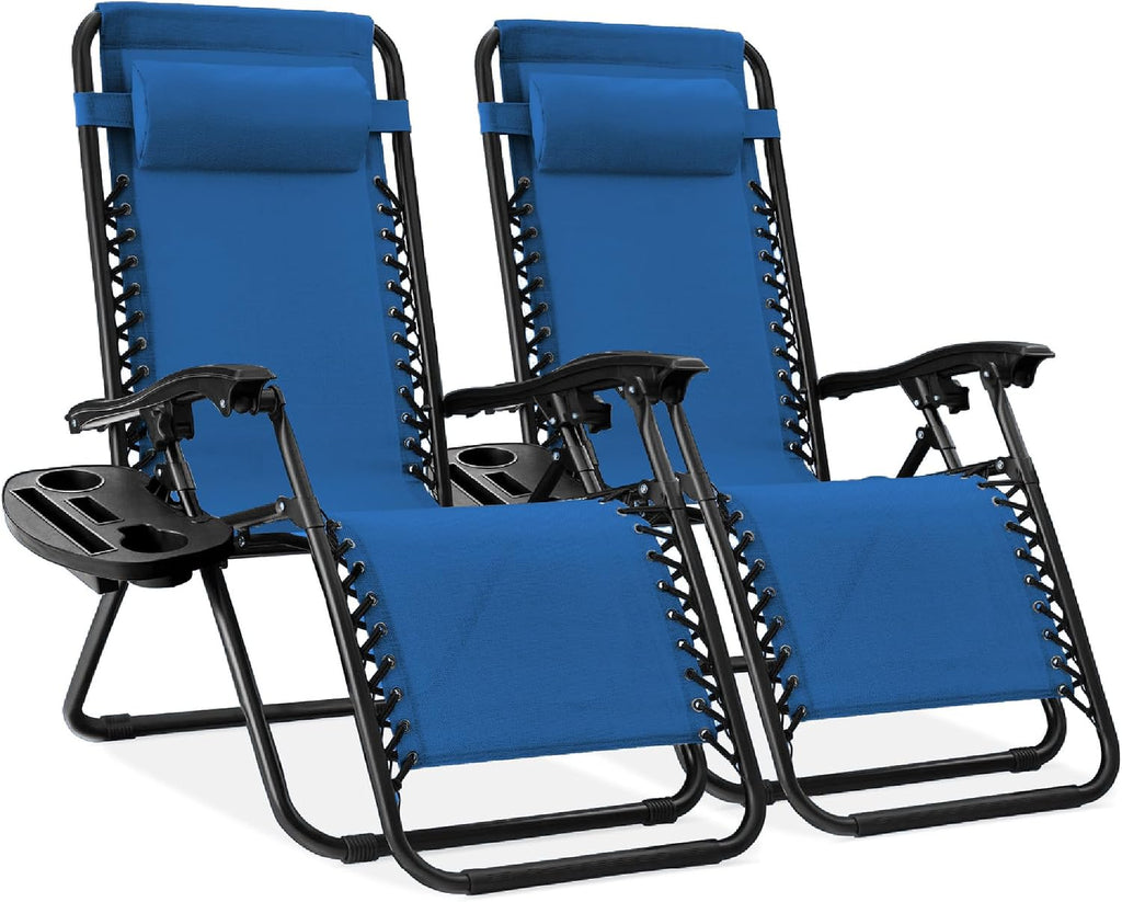 Best Choice Products Set of 2 Adjustable Steel Mesh Zero Gravity Lounge Chair Recliners w/Pillows and Cup Holder Trays - Marine Blue/Black