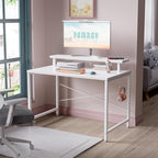 Pamray 32 Inch Small Computer Desk with Monitor Stand, Simple Office Desk with Headphone Hook for Small Spaces, Kids Study Writing Table for Bedroom, White