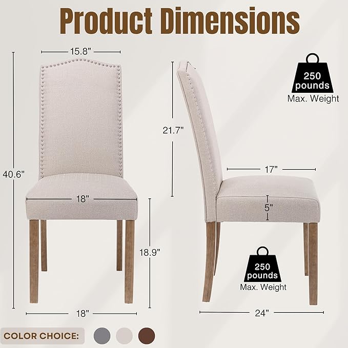 Upholstered Dining Chair Modern Stylish Parsons Kitchen Diner High Back with Silver Nailhead Trim & Wood Legs, Set of 2, Fabric Beige