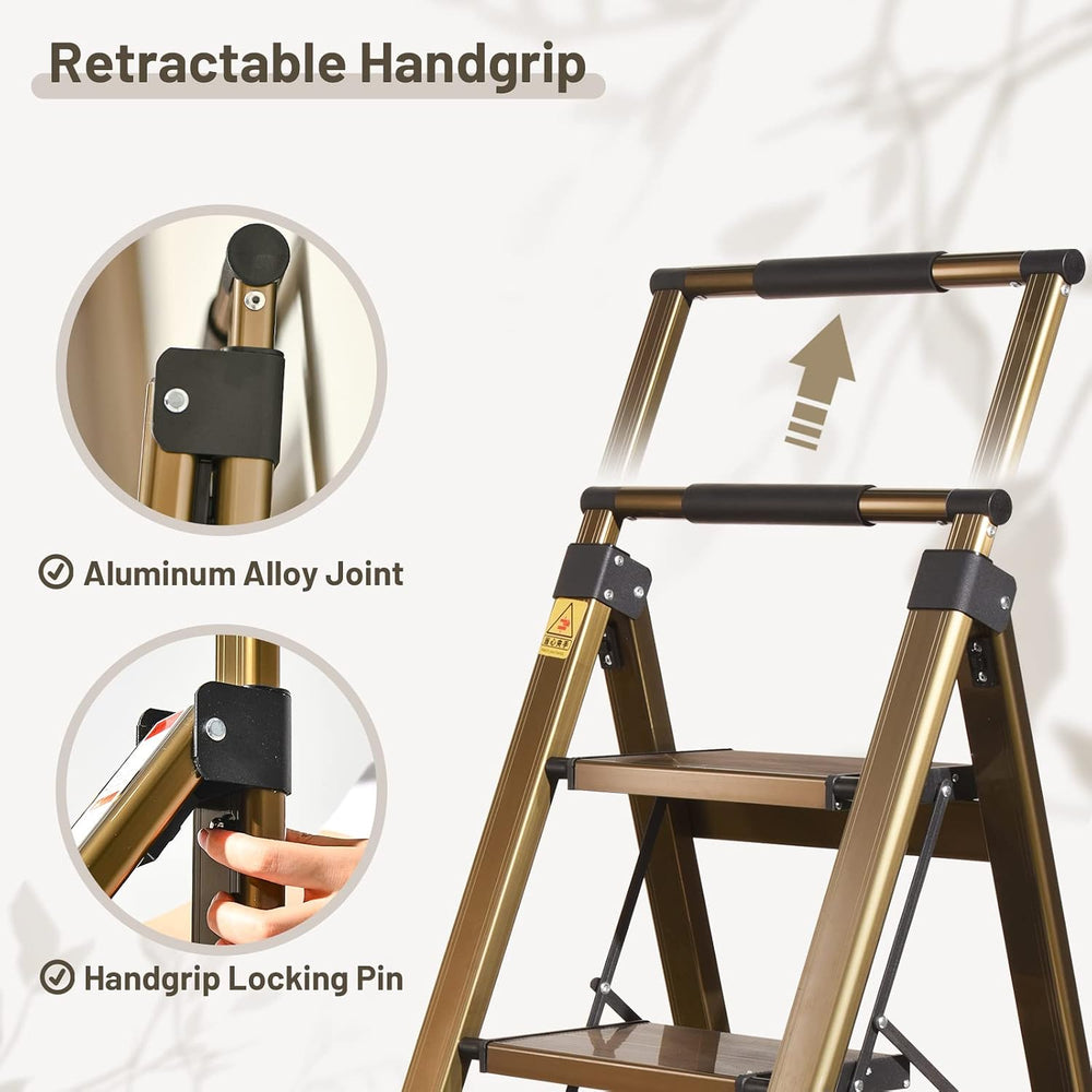3 Step Ladder, Aluminum Step Stool with Retractable Handrail
