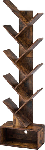 Hoctieon 9 Tier Tree Bookshelf, Tall Bookcase with Drawer, Wood Book Shelf, Modern Floor Standing Bookshelves, Book Organizer Shelves for Bedroom, Living Room, Home Office, Rustic Brown