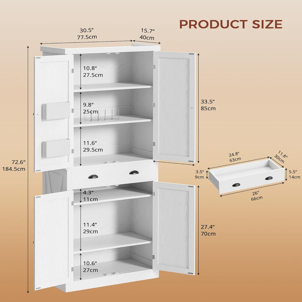 IRONCK 72.6" Tall Farmhouse Kitchen Pantry with Drawer and Adjustable Sh...